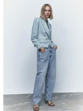 Zara Double-Breasted Sky Blue Textured Weave Women's Blazer Jacket